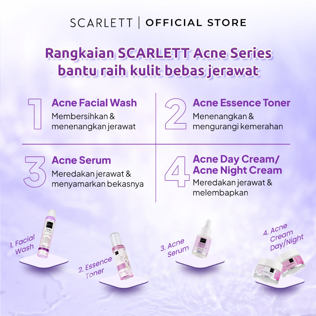 SCARLETT Acne Series - 5in1Paket Lengkap Mencegah & Penghilang Jerawat  2% Salicylic Acid  Serum+Cleanser+Toner+Krim Pagi+Krim Malam