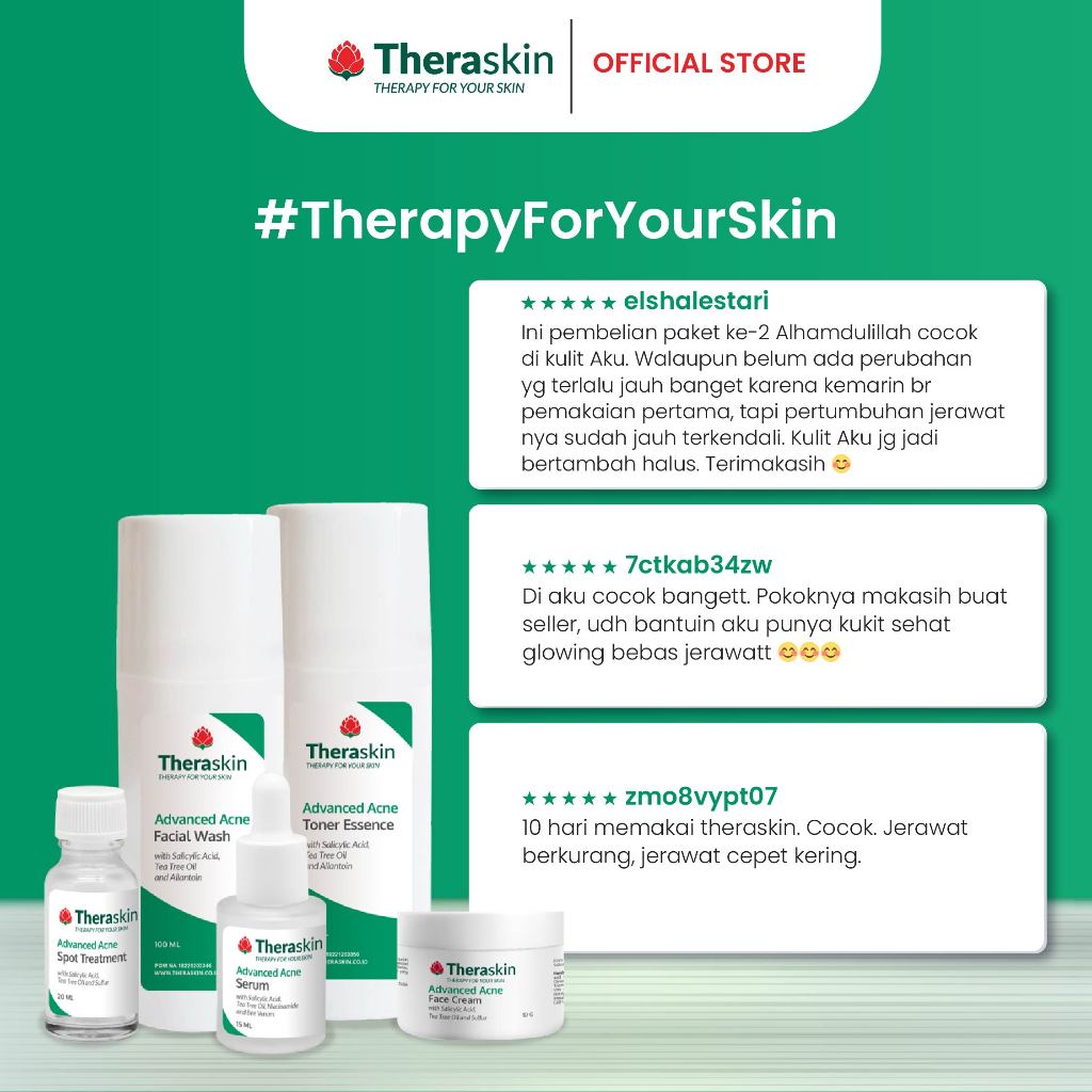 Theraskin BPOM Advanced Acne Series - Paket Perawatan Jerawat 5pcs dengan BHA dan Niacinamide