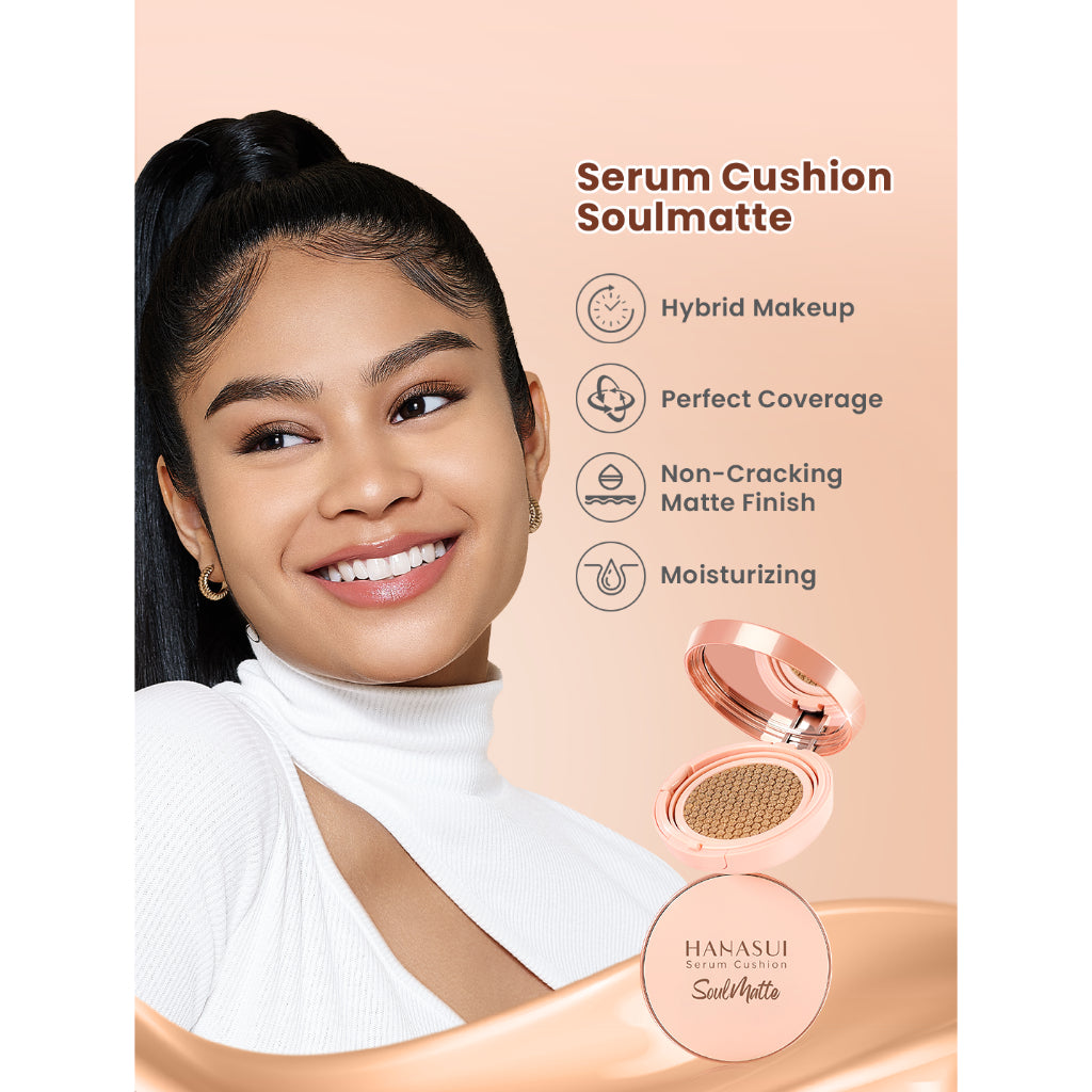 Hanasui Serum Cushion Soulmatte - Matte Finish UVA & UVB Protection Perfect Coverage Menyamarkan Pori-Pori Garis Halus Noda Wajah