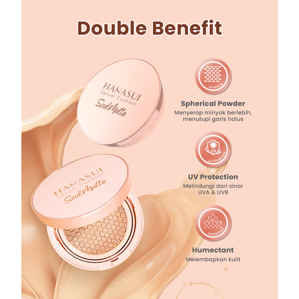Hanasui Serum Cushion Soulmatte - Matte Finish UVA & UVB Protection Perfect Coverage Menyamarkan Pori-Pori Garis Halus Noda Wajah