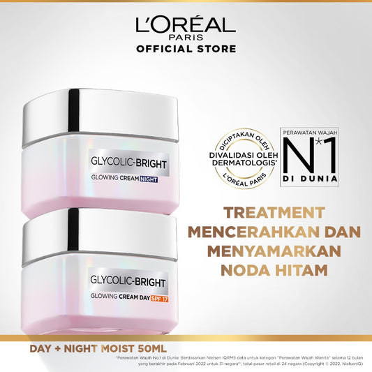 L'Oreal Paris Glycolic Bright Glowing Day Cream 50ml + Night Cream 50ml - Melembapkan dan Mencerahkan  Kulit Kusam, Noda Hitam, Bekas Jerawat, Eksfoliasi  Brightening day cream, cream flek hitam, cream pencerah