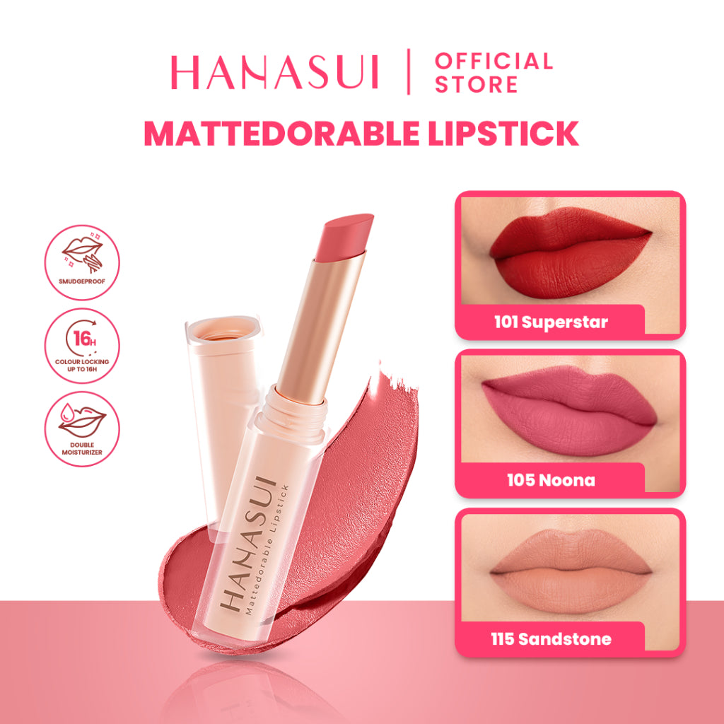 Hanasui Mattedorable Lipstick - Anti Geser Formula  Smudgeproof Transferproof Long Lasting Tahan Lama Melembabkan Hidrasi Optimal