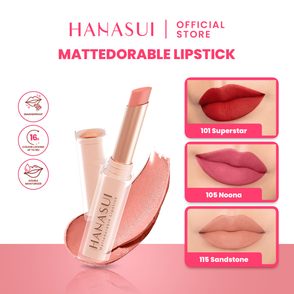 Hanasui Mattedorable Lipstick - Anti Geser Formula  Smudgeproof Transferproof Long Lasting Tahan Lama Melembabkan Hidrasi Optimal