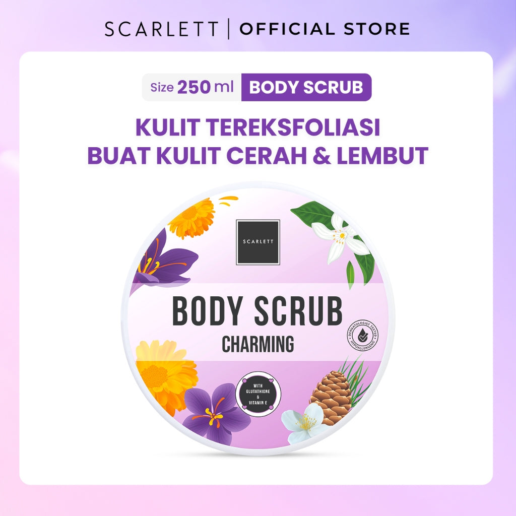 SCARLETT Body Scrub 250ml | Membantu Mengeksfoliasi Melembutkan Mencerahkan Kulit Mengangkat Sel Kulit Mati | Kulit Cerah Sehat dengan Wangi Mewah