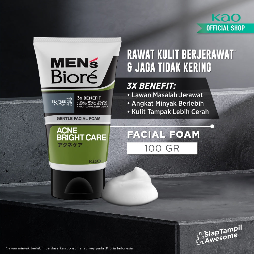 Men's Biore Non Scrub Sabun Muka Pria Untuk Kulit Berjerawat Acne Skincare Tea Tree Oil 100 gr - Facial Wash