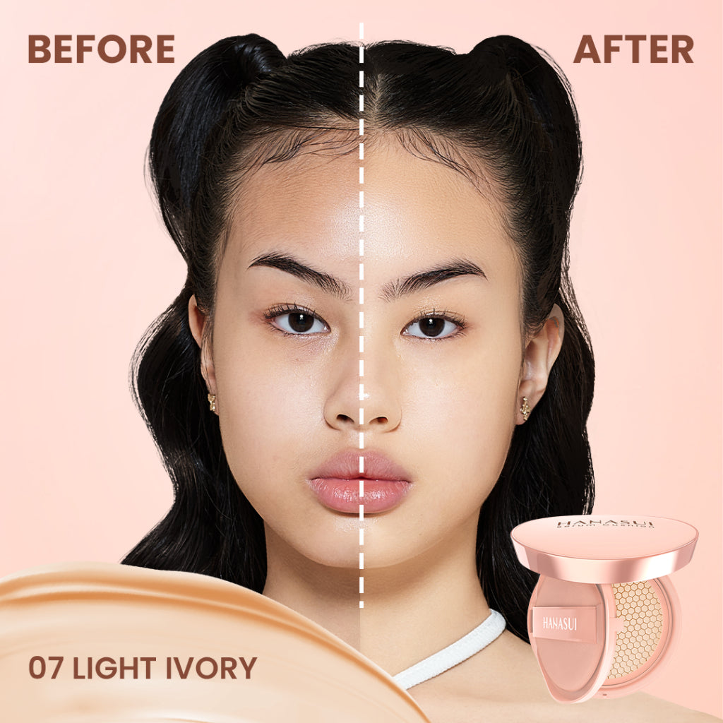 Hanasui Serum Cushion - Flawless Natural Dewy Finish UVA & UVB Protection Perfect Coverage Menyamarkan Pori-Pori Garis Halus Noda Wajah