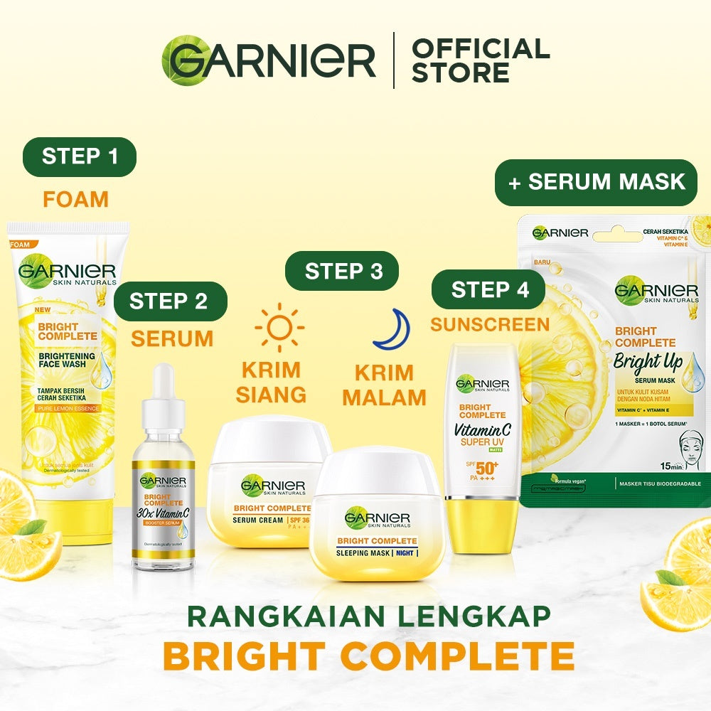 GARNIER Paket Skincare 1 Set Lengkap Vitamin C Brightening Daily Set Serum & Day Cream| Day Cream 50 ml + Serum 30 ml tone up mencerahkan moisturizer pelembab