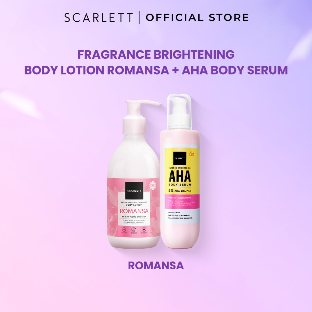 SCARLETT Bundle Intense Brightening AHA Body Serum + Fragrance Brightening Body Lotion Bright Mood Booster 5% AHA BHA PHA +4 Essential Oils 3x Brightening Power | Intense Membantu Mencerahkan Kulit Meratakan Warna Kulit Menenangkan Wangi Tahan Seharian