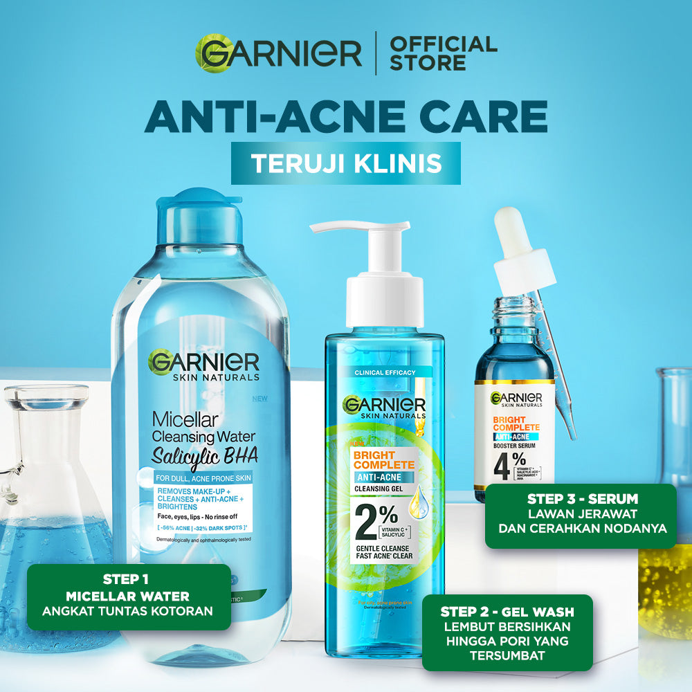 Garnier Bright Complete Anti Acne Gel Wash 120ml (2 % Vitamin C + Salicylic)  - Skincare Sabun Wajah Gel Brightening & Lawan Jerawat