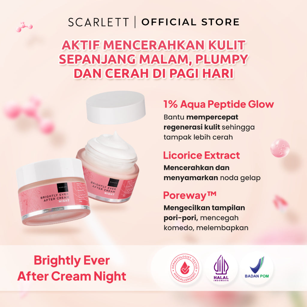 Scarlett Whitening Brightly Ever After Night Cream - Moisturizer Krim Pelembab Wajah untuk Mencerahkan Melembabkan & Memudarkan Noda Hitam di Kulit Wajah dengan Sensasi Menyegarkan || Kombinasi Licorice Extract & Niacinamide sebagai Pemutih Wajah