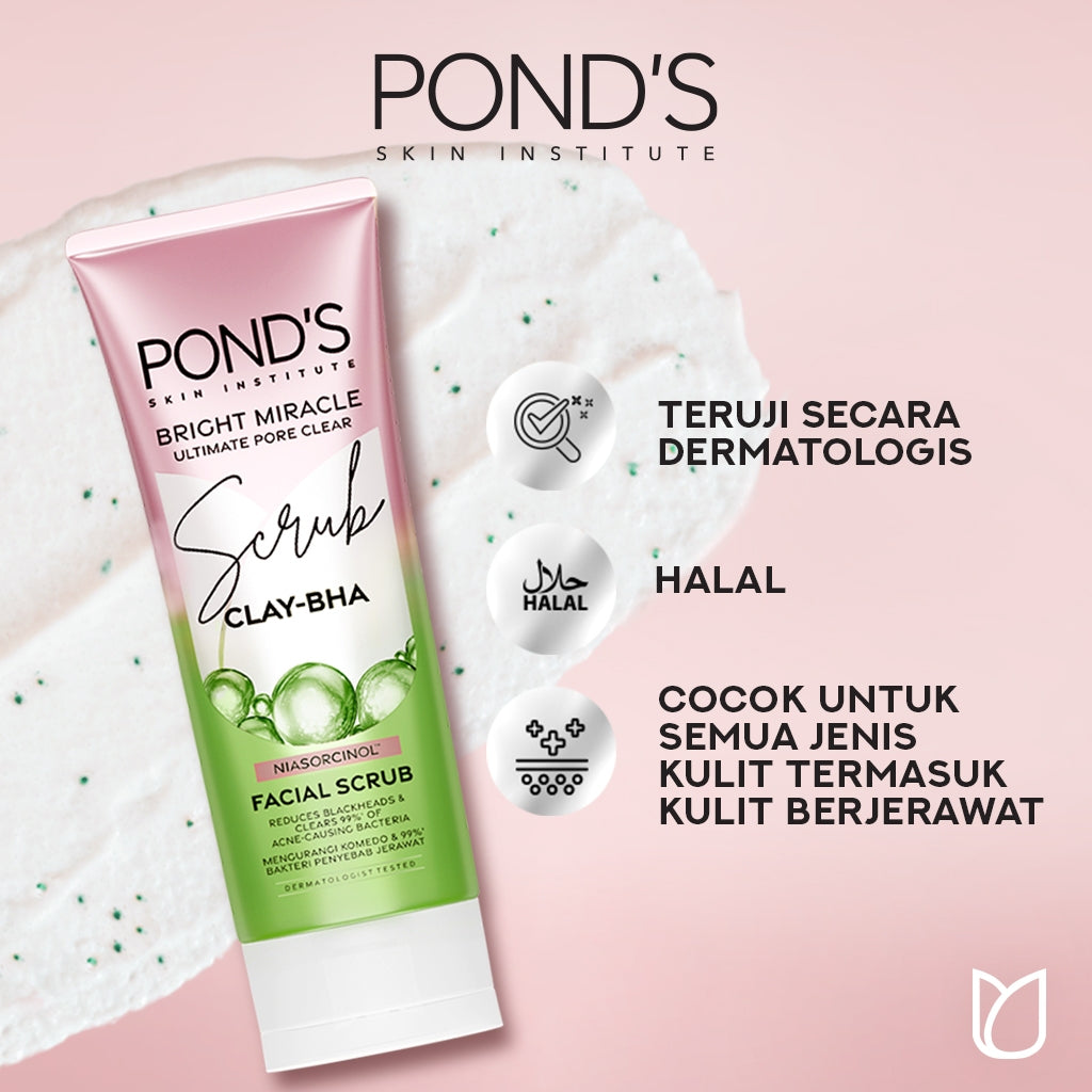 Pond's Bright Miracle Ultimate Pore Clear Facial Scrub 100G - Sabun cuci muka yang membersihkan 99% bakteri penyebab jerawat