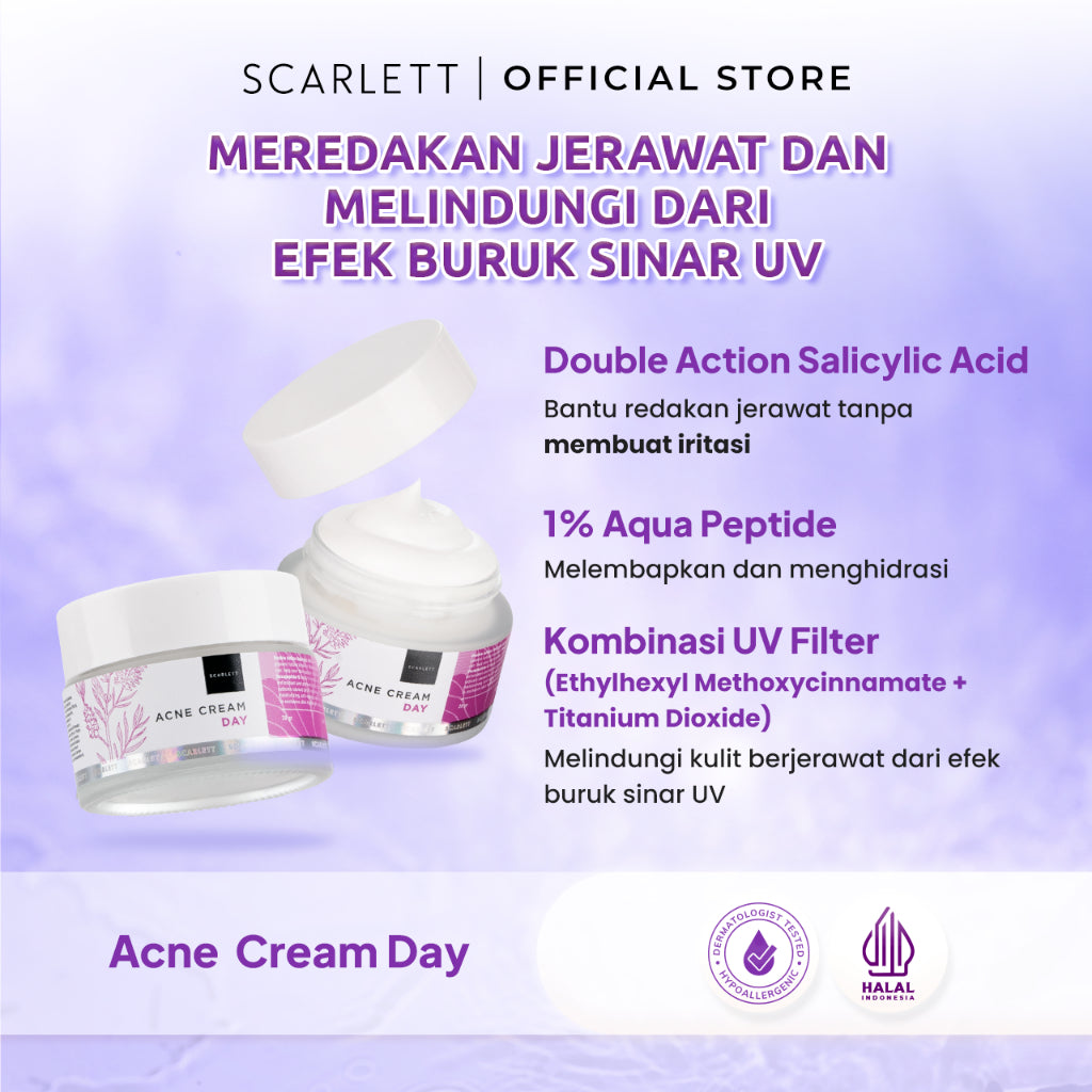 Scarlett Whitening Acne Day Cream - Krim Pagi Penghilang & Perawatan Jerawat Ampuh Atasi Hingga Bekasnya with Double Action Salicylic Acid tanpa Bikin Kulit Iritasi