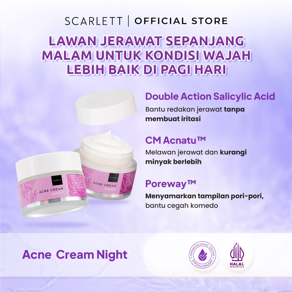 Scarlett Whitening Acne Night Cream - Krim Malam Penghilang & Perawatan Jerawat Ampuh Atasi Hingga Bekasnya with Double Action Salicylic Acid tanpa Bikin Kulit Iritasi