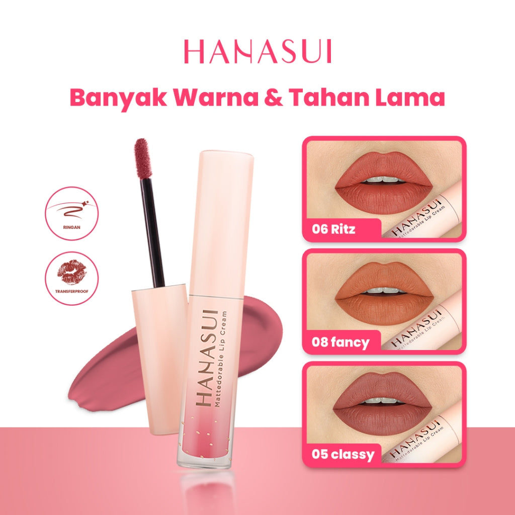 Hanasui Mattedorable Lip Cream - Velvet Matte Finish Melembabkan Ringan Tahan Lama Pigmented Olive Oil Vitamin E