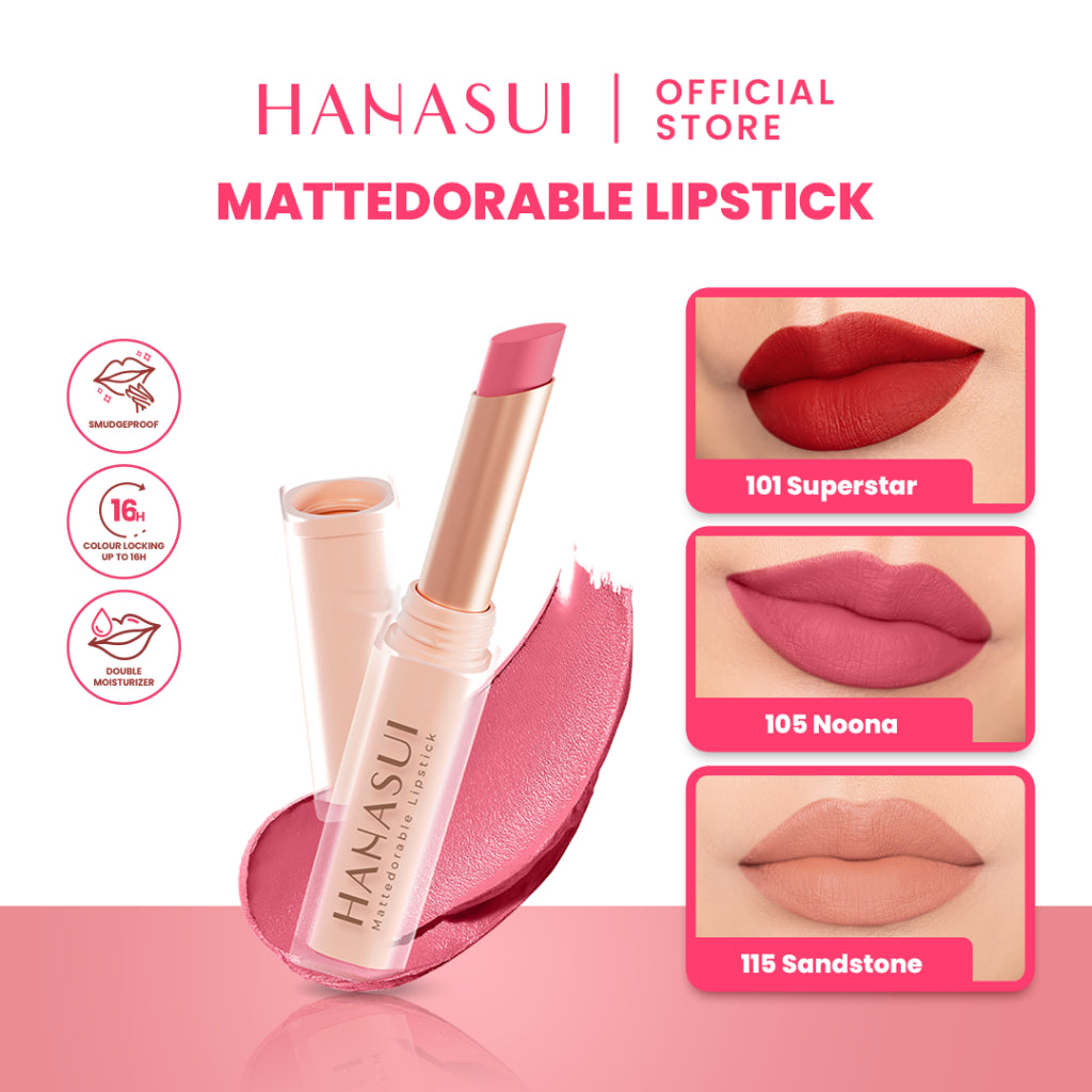Hanasui Mattedorable Lipstick - Anti Geser Formula  Smudgeproof Transferproof Long Lasting Tahan Lama Melembabkan Hidrasi Optimal