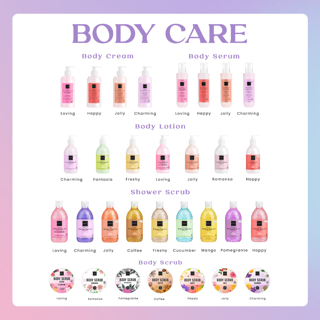 SCARLETT Body Care All Series - Body Scrub, Shower Scrub, Shower Gel, Body Serum, Body Lotion, Body Cream, Tube | Perawatan Tubuh Mencerahkan Melembutkan Eksfoliasi Kulit Melembabkan Kulit, Kulit Sehat Cerah Bersinar Wangi Seharian