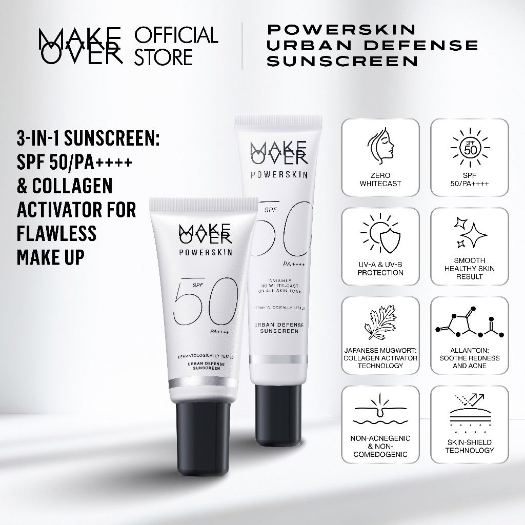 MAKE OVER Powerskin Urban Defense Sunscreen - Proteksi UVA UVB SPF50 PA++++ invisible tidak berwarna ringan tidak whitecast tidak flashback tidak lengket cocok semua warna kulit semua tipe make up