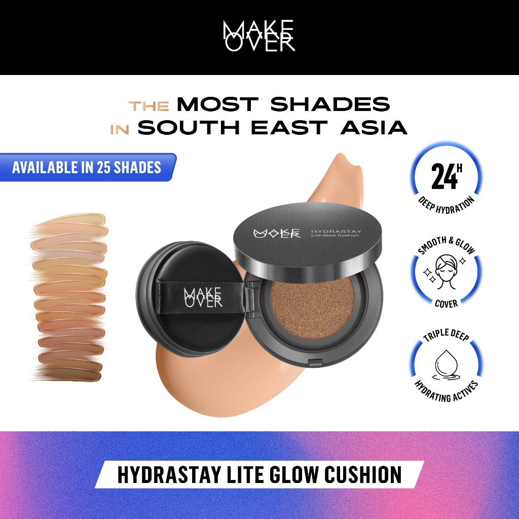 MAKE OVER Hydrastay Lite Glow Cushion 15 g - Cushion atau Foundation Compact untuk Dry Skin atau Kulit Kering BEST SELLER High Coverage Concealer Foundation Make Up Makeup