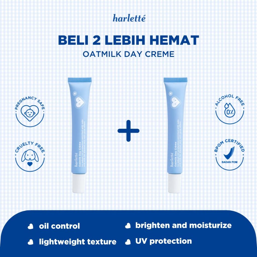 [BELI 2 LEBIH HEMAT] Harlette Oatmilk Day Creme | Sensitive, Acne Prone, Niacinamide, Pelembab Wajah, Moisturizer, Vitamin B3, SPF 15, Sunscreen, Mencerahkan