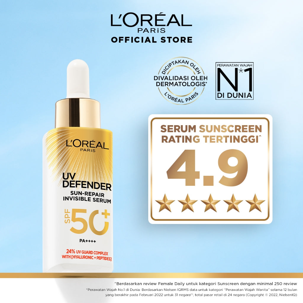 L'Oreal Paris UV Serum Sunscreen SPF 50+ PA++++ - UV Defender Sun-Repair Invisible Serum 2-in-1 Skincare 30ml, Sun Screen, sunblock, suncream, anti aging, loreal sunscreen, serum brightening mencerahkan wajah