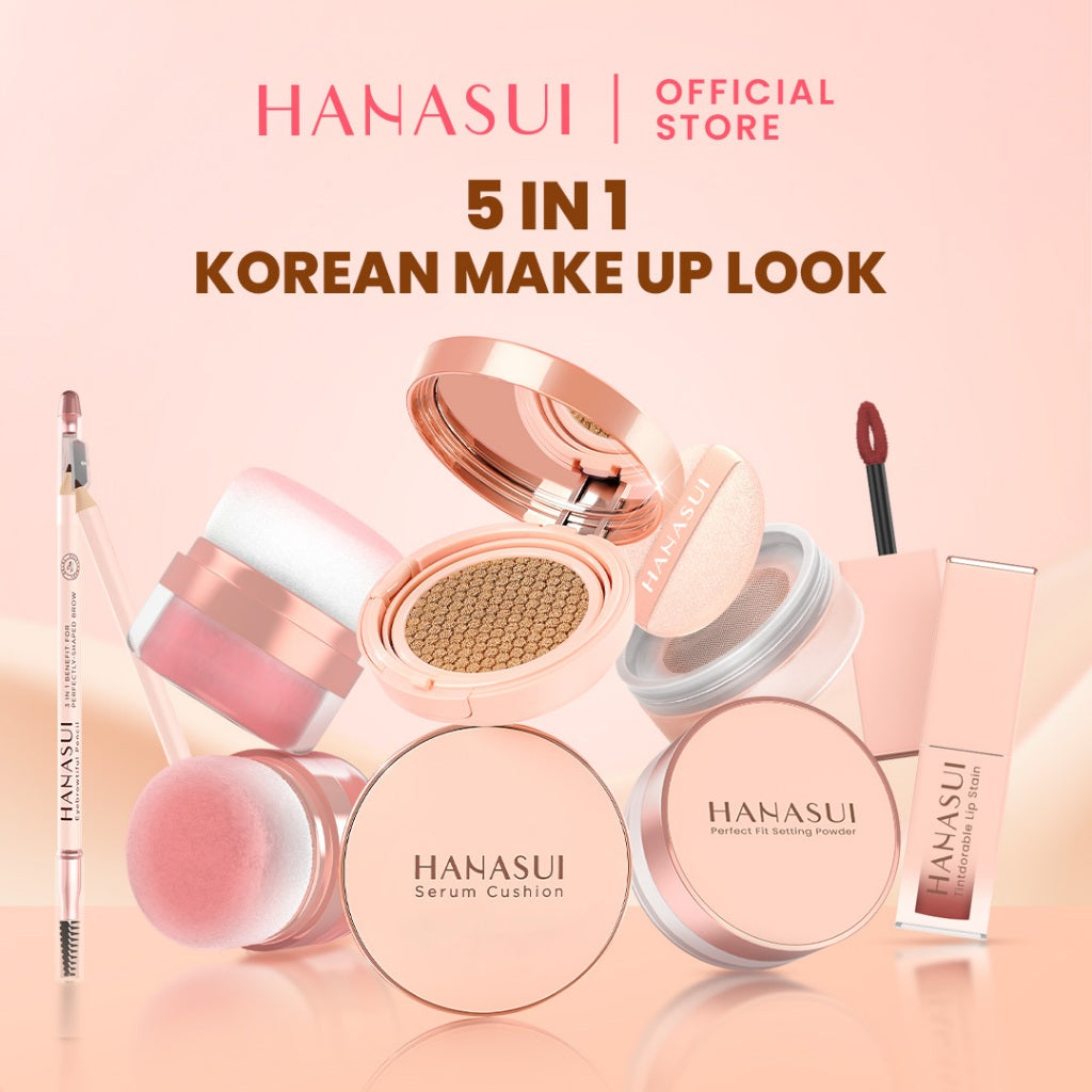 【5 IN 1】Hanasui Korean Make Up Look - 5Pcs Makeup Set Cushion Blush On Liptint Eyebrow Natural Finish Setting Powder Coverage Hingga 24 Jam