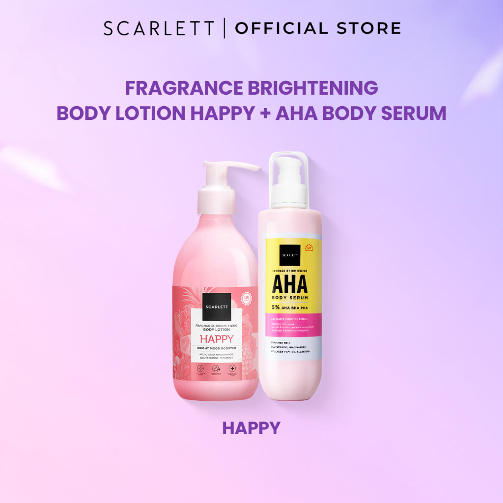 SCARLETT Bundle Intense Brightening AHA Body Serum + Fragrance Brightening Body Lotion Bright Mood Booster 5% AHA BHA PHA +4 Essential Oils 3x Brightening Power | Intense Membantu Mencerahkan Kulit Meratakan Warna Kulit Menenangkan Wangi Tahan Seharian