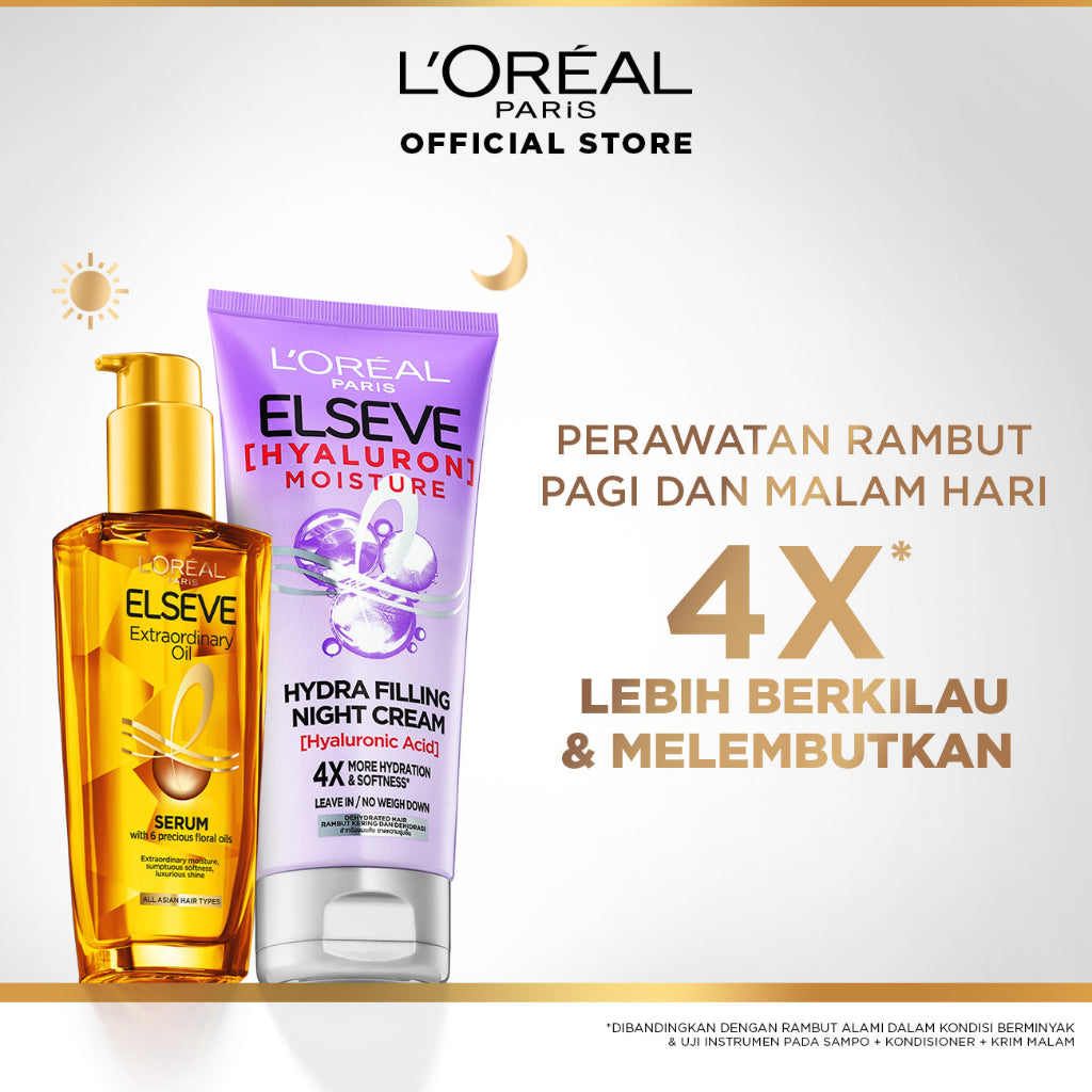 L'Oreal Paris Extraordinary Oil Gold 100ml + Elseve Hyaluron Moisture Hydra Filling Hair Night Cream 150ml (Perawatan Intensif Untuk Semua Jenis Rambut)