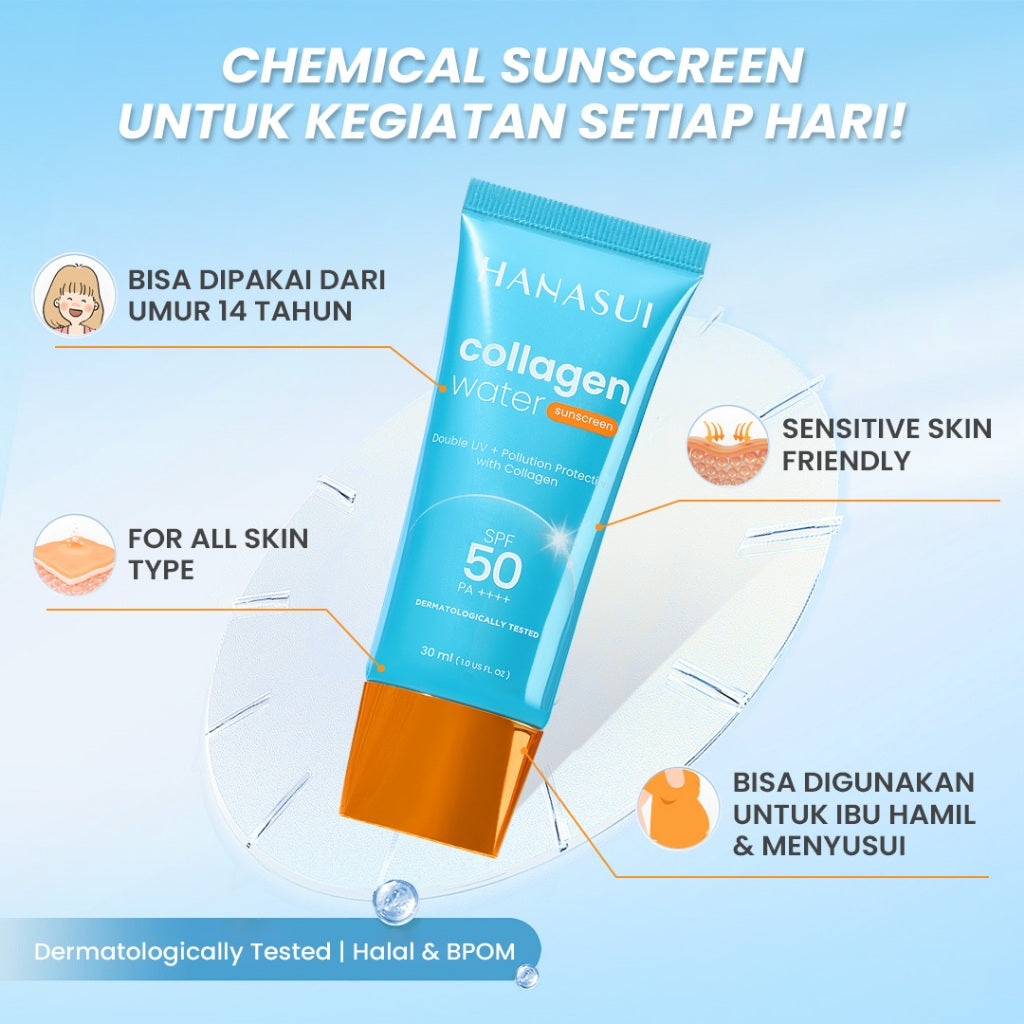Hanasui Collagen Water Sunscreen SPF 50 - Ringan & Menenangkan Kulit No Whitecast Tidak Kusam Berminyak