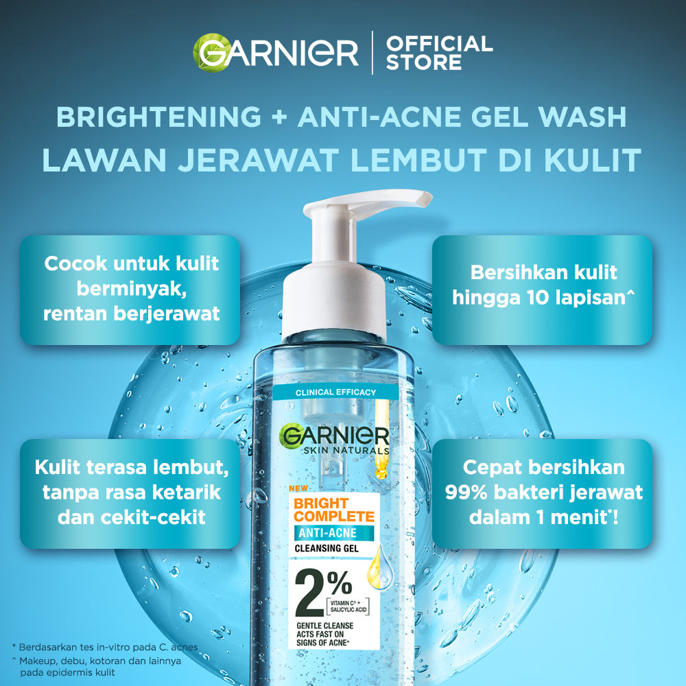 Garnier Bright Complete Anti Acne Gel Wash 120ml (2 % Vitamin C + Salicylic)  - Skincare Sabun Wajah Gel Brightening & Lawan Jerawat