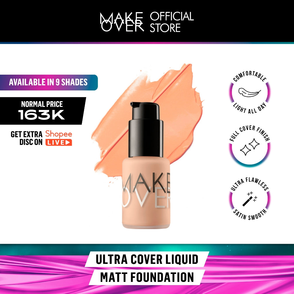 [SPECIAL MASTERSHADE] MAKE OVER Ultra Cover Liquid Matte Foundation - Foundation Cair High Coverage Wajah Flawless Finish Satin Ringan Poreless Make Up Tahan Lama Non-Comedogenic BEST SELLER Somethin Time Less w Maybe Euphoria