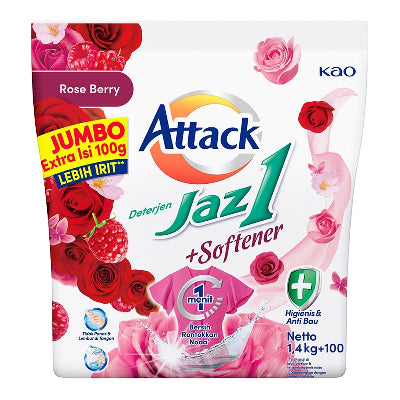 ATTACK JAZ1 DETERGEN BUBUK SEMERBAK CINTA 800 GRAM/PESONA SEGAR 800 GRAM/DETERGEL 700GRAM/DETERGENT BUBUK+SOFTERNER ROSE BERRY/PESONA SEGAR/SEMERBAK CINTA/1.6KG/1600 KILOGRAM