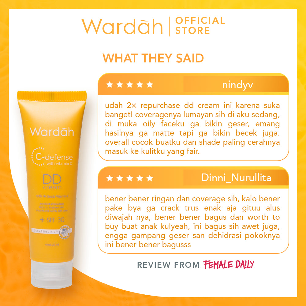 WARDAH C-Defense DD Cream 20 ml - Alas Bedak untuk Mencerahkan dan Meratakan Warna Kulit - Dilengkapi dengan HiGrade Vitamin C dan SPF 30 PA+++ - Skincare