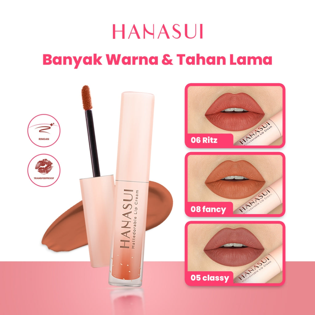 Hanasui Mattedorable Lip Cream - Velvet Matte Finish Melembabkan Ringan Tahan Lama Pigmented Olive Oil Vitamin E