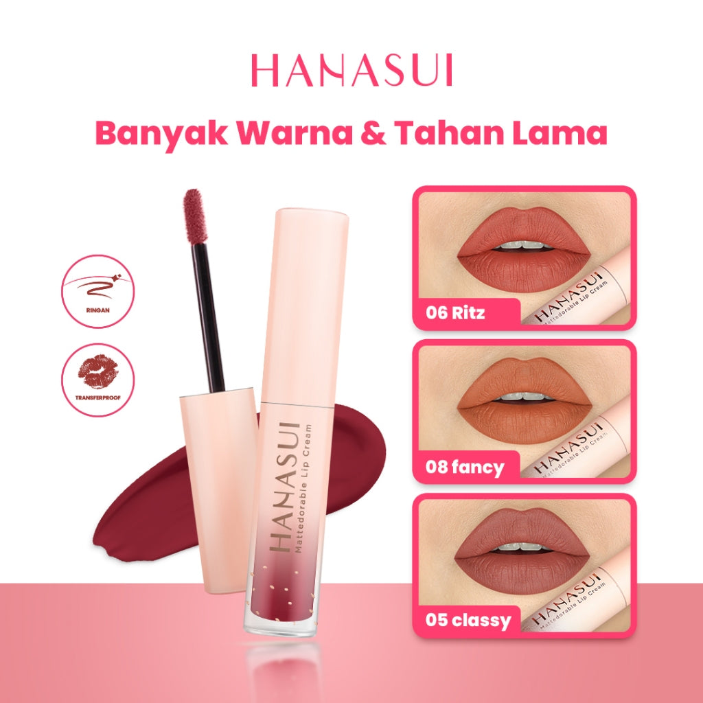 Hanasui Mattedorable Lip Cream - Velvet Matte Finish Melembabkan Ringan Tahan Lama Pigmented Olive Oil Vitamin E