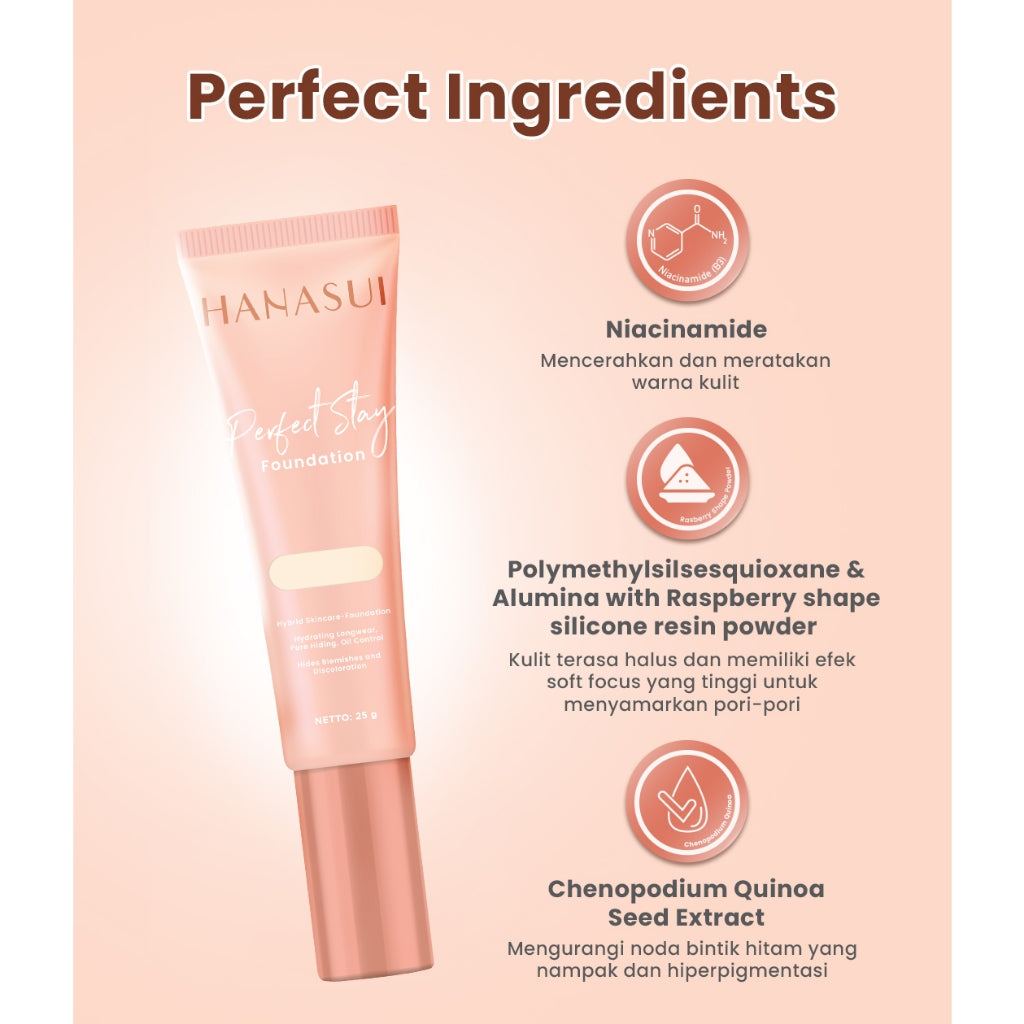 Hanasui Perfect Stay Foundation - Foundation Natural Matte Finish Menyamarkan Pori Pori Oil Control Tahan Lama