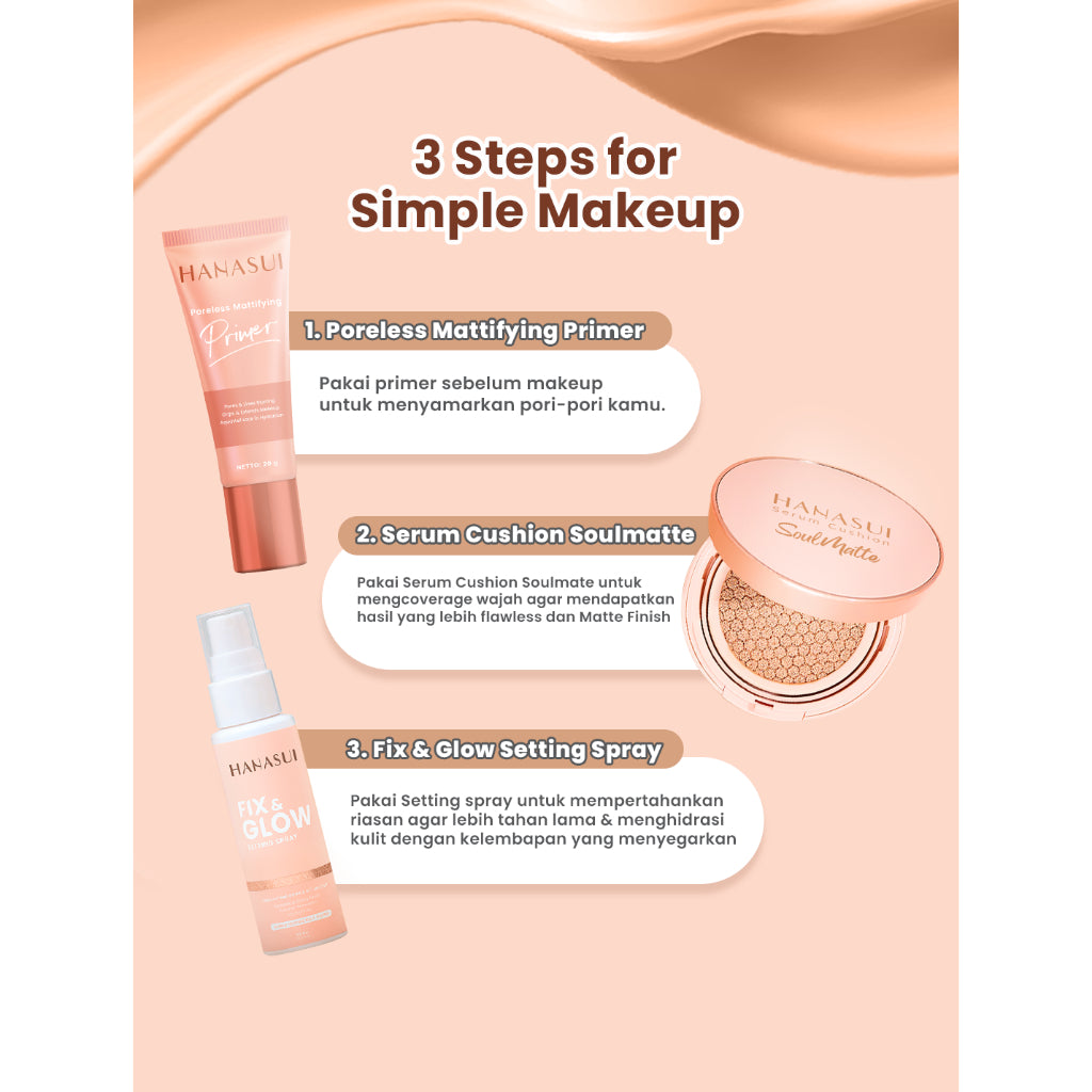 Hanasui Serum Cushion Soulmatte - Matte Finish UVA & UVB Protection Perfect Coverage Menyamarkan Pori-Pori Garis Halus Noda Wajah