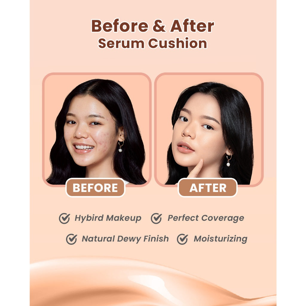 Hanasui Serum Cushion - Flawless Natural Dewy Finish UVA & UVB Protection Perfect Coverage Menyamarkan Pori-Pori Garis Halus Noda Wajah