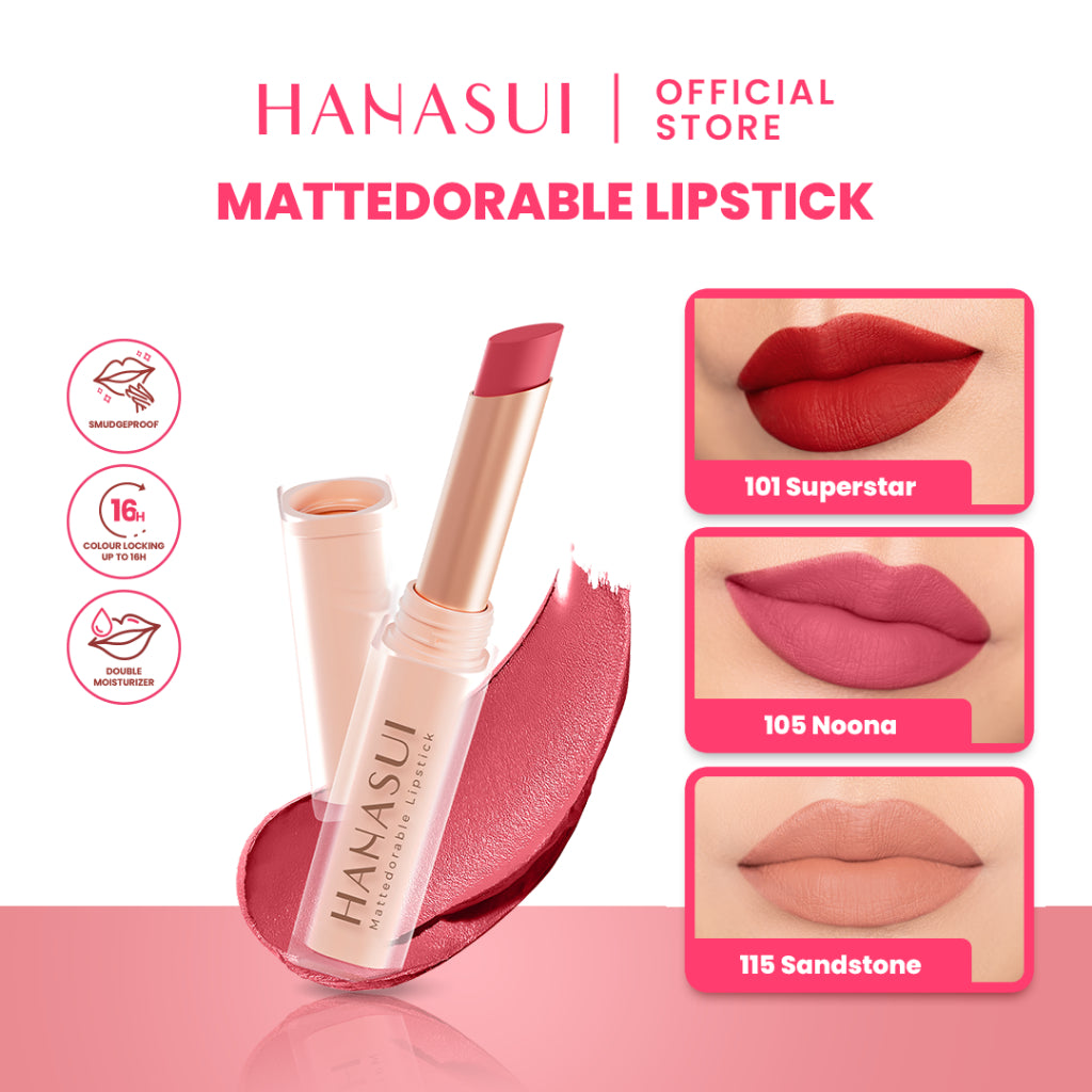 Hanasui Mattedorable Lipstick - Anti Geser Formula  Smudgeproof Transferproof Long Lasting Tahan Lama Melembabkan Hidrasi Optimal