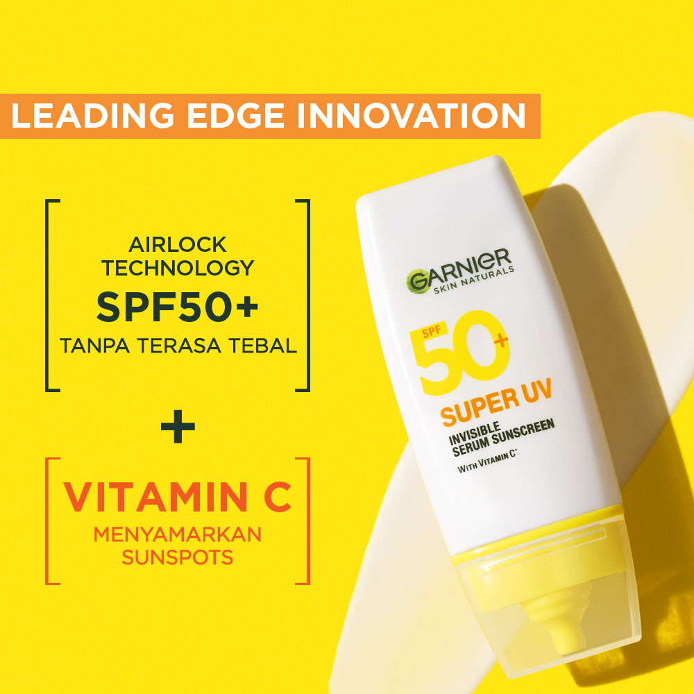 GARNIER Super UV Invisible Serum Sunscreen SPF 50+ PA++++ Vitamin C Skincare - 30ml Sunblock Mencerahkan Wajah sunscreen spf 50 pa ++++