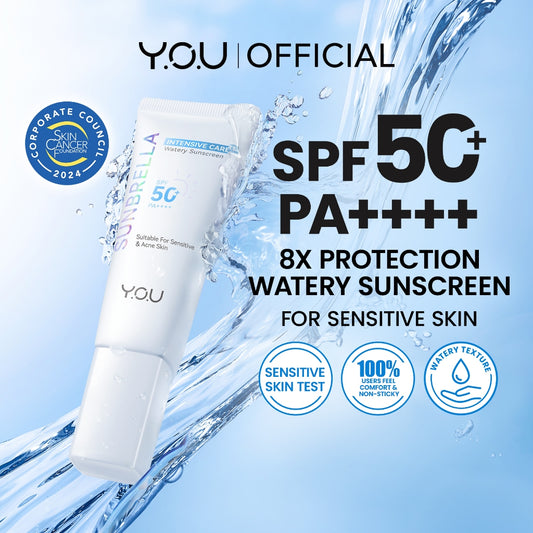 YOU Sunbrella Intensive Care Watery Sunscreen SPF50+ PA++++ Tabir Surya Kulit Sensitif 8X Protection Sensitive Acne Skin Friendly
