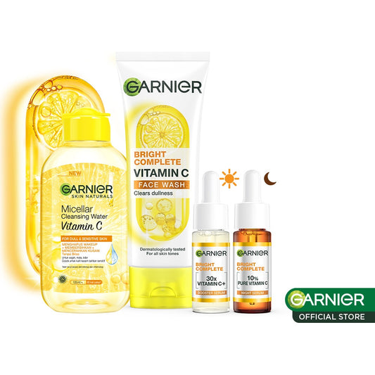 Garnier Vitamin C Day & Night Starter Kit - Foam Cleanser 100ml + Micellar Vitamin C 125ml + Bright Complete Serum 15ml + Overnight Serum 15ml