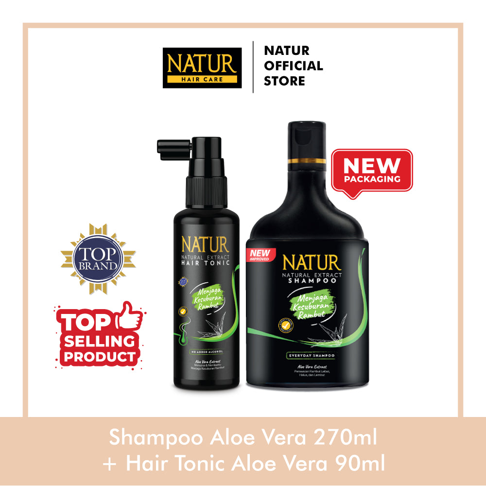 NATUR Shampo Aloevera 270 ml + Hair Tonik Aloevera 90 ml  - Paket Perawatan Rambut Tebal