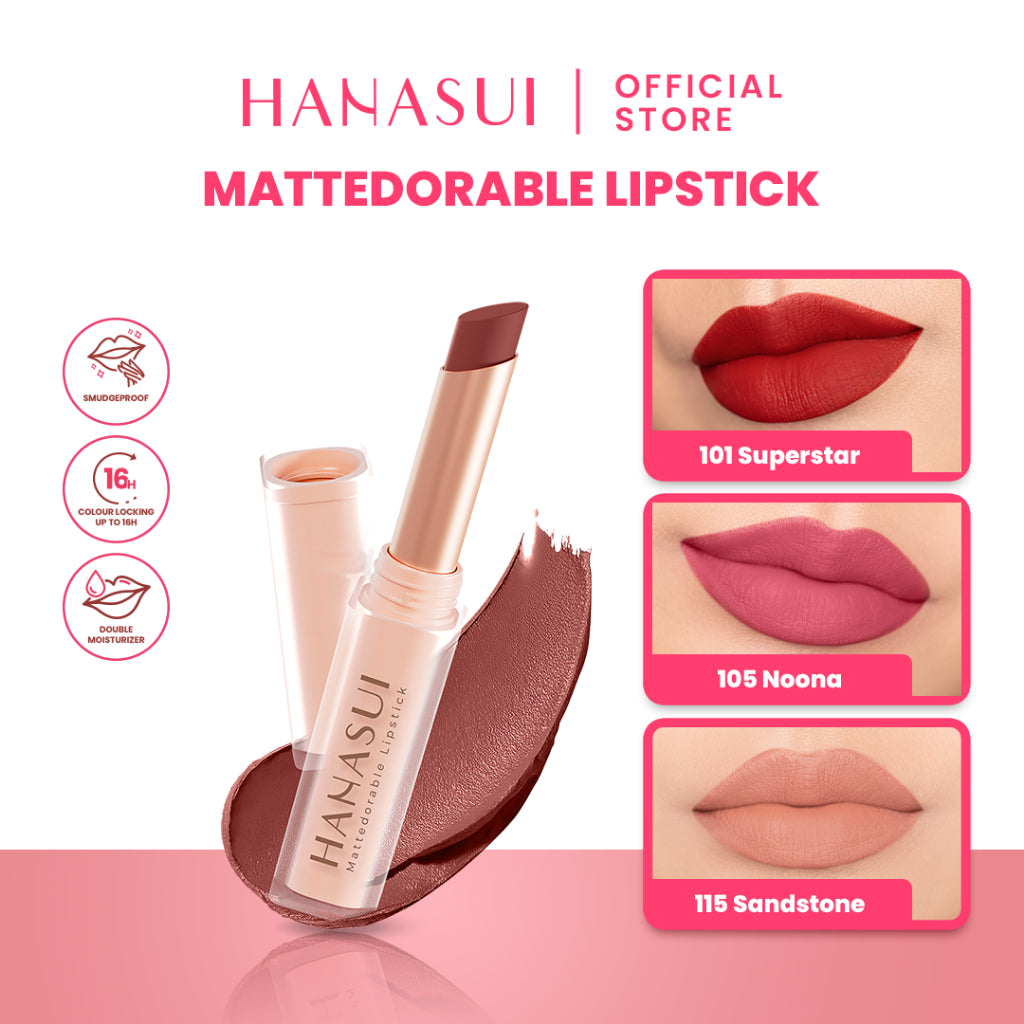 Hanasui Mattedorable Lipstick - Anti Geser Formula  Smudgeproof Transferproof Long Lasting Tahan Lama Melembabkan Hidrasi Optimal