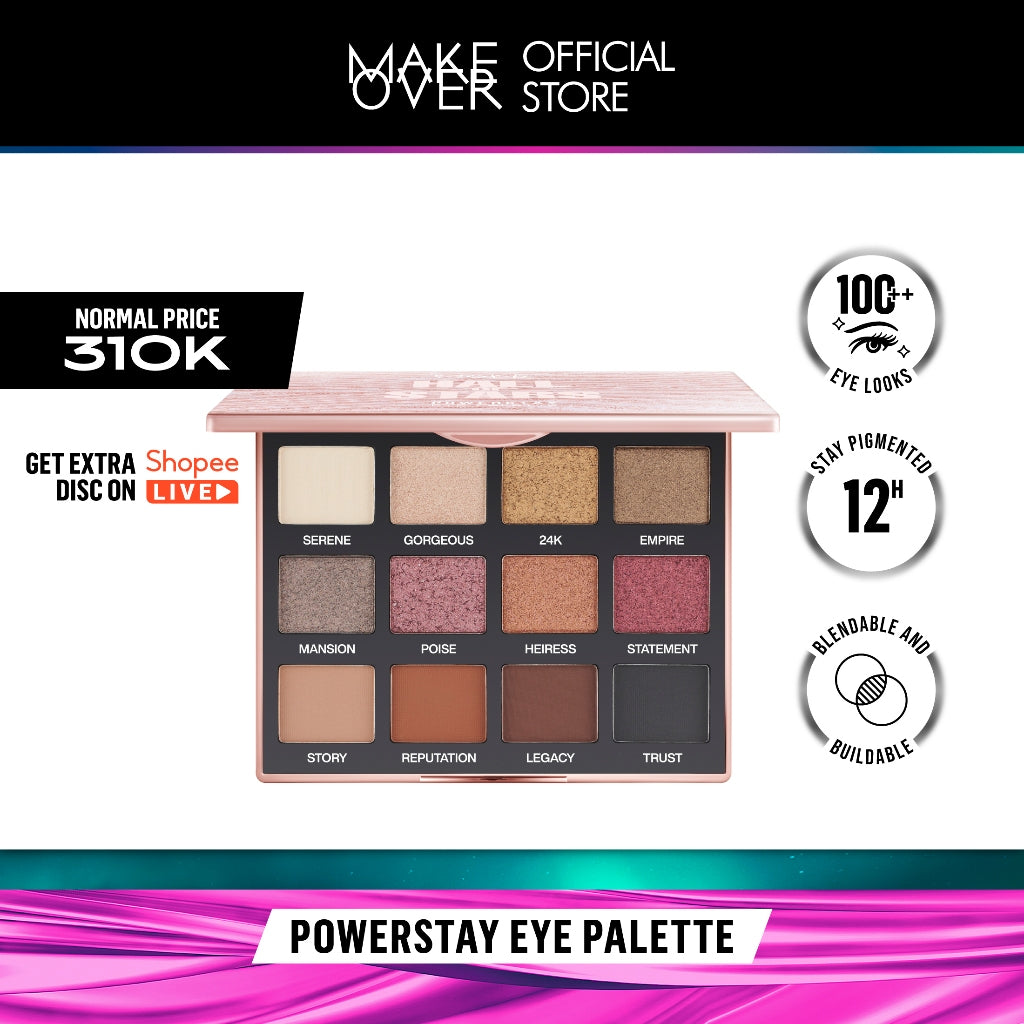 [ Dubai Fashion Week ] MAKE OVER Powerstay Eye Palette - Eyeshadow BEST SELLER Intense Tahan Lama 12 Jam 12 Warna Blendable Minim Fallout Cocok Untuk Semua Warna Kulit Daily Makeup Party Look DFW Nadya Hutagalung Pony Mira Agile Zsa Zsa Utari