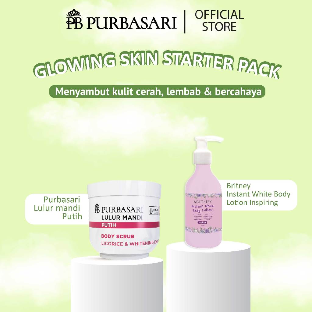 [ISI 2PCS] Purbasari Lulur Mandi Putih 200g + Britney Instant White Body Lotion 300g- Double Mencerahkan Kulit Maksimal