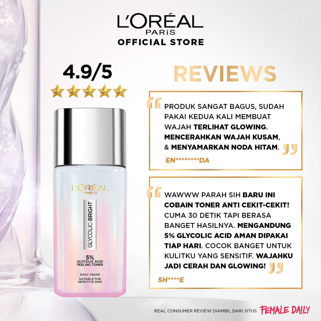 L'Oreal Paris Glycolic Bright Glowing Skincare Set Mencerahkan - Facial Foam 50 ml, Toner 65ml, Serum 15ml, Day & Night Cream 15ml