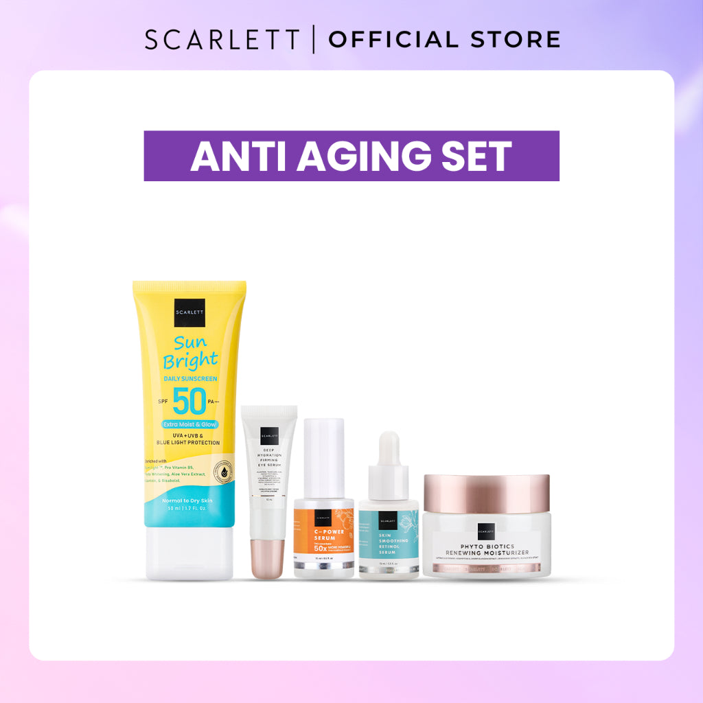Scarlett Whitening 5pcs ( acne set, hydrating & glowing set, brightening set, anti aging set, skin barrier set, exfoliate set ) Mencerahkan Melembabkan