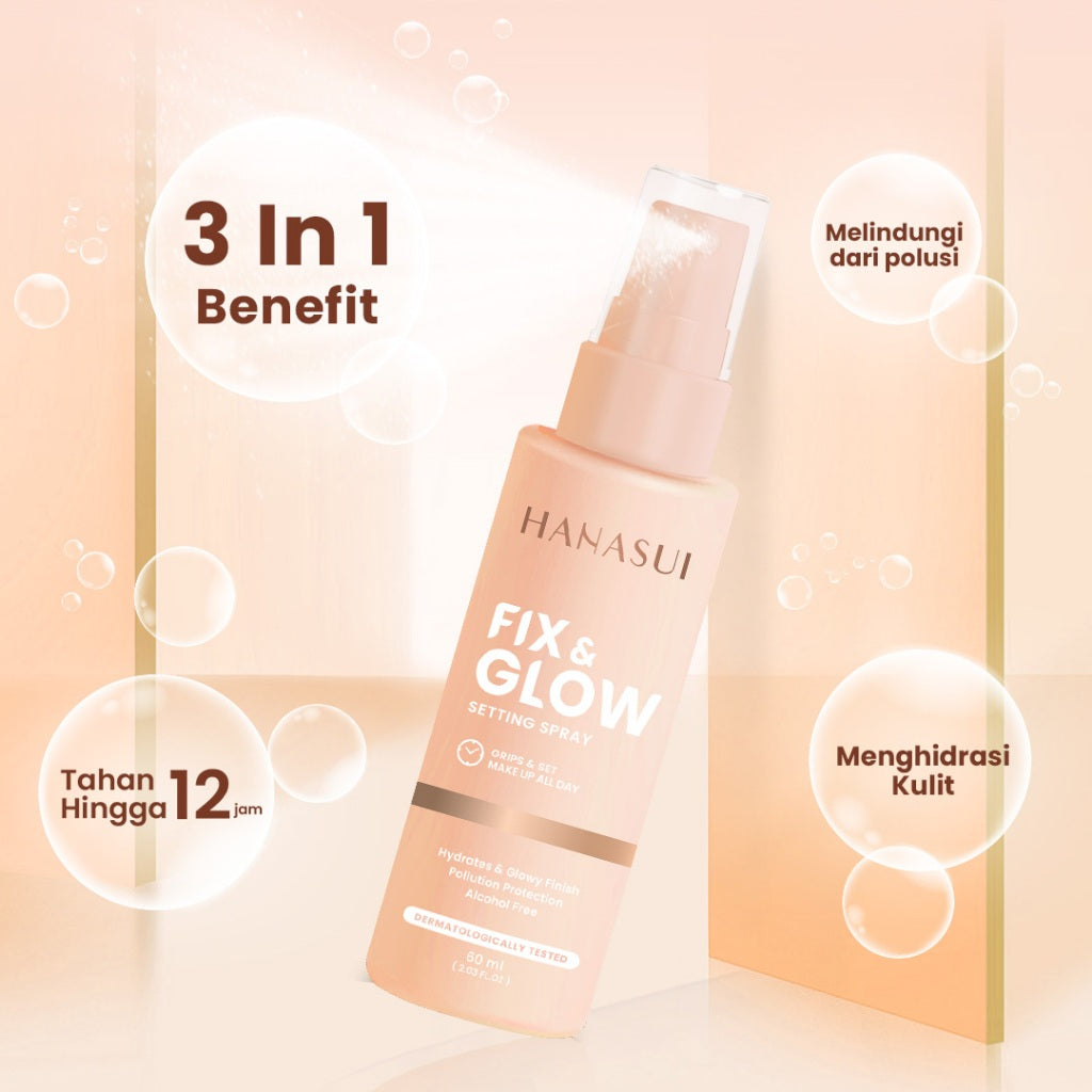 Hanasui Fix & Glow Setting Spray - Setting Spray Glowy Finish Make Up Menghidrasi Kulit MaskProof Tahan Lama