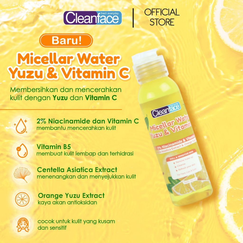 Cleanface Micellar Water Yuzu & Vitamin C 100 ml / Pembersih Wajah / Pembersih Makeup Waterproof