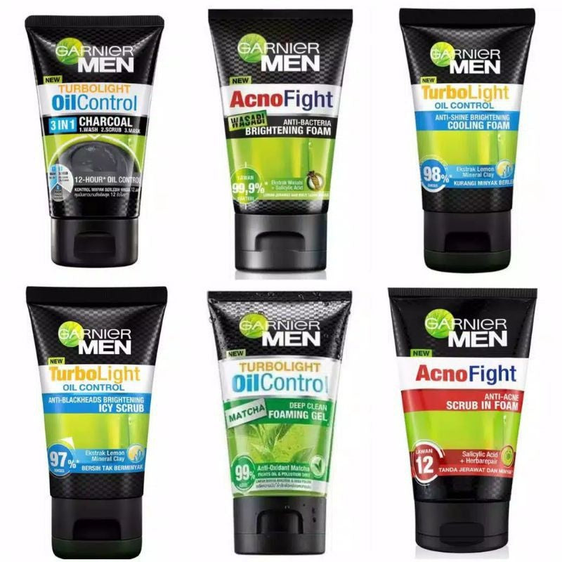 GARNIER MEN ACNO FIGHT ANT-ACNE 100ML/ TURBO BRIGHT/OIL CONTROL SUPER DUO/ICY SCRUB FOAM/OIL CONTROL INTENSIVE/OIL CONTROL CHARCOL/OIOL CONTROL COOLING FOAM